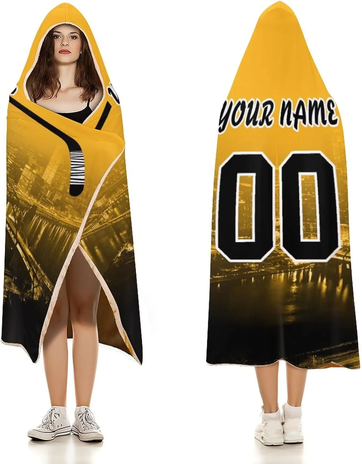 Custom Hockey City Night Skyline Hooded Blankets Personalized with Name Wearable Flannel Blankets Gifts 50" x 40",60" x 50",80" x 60"