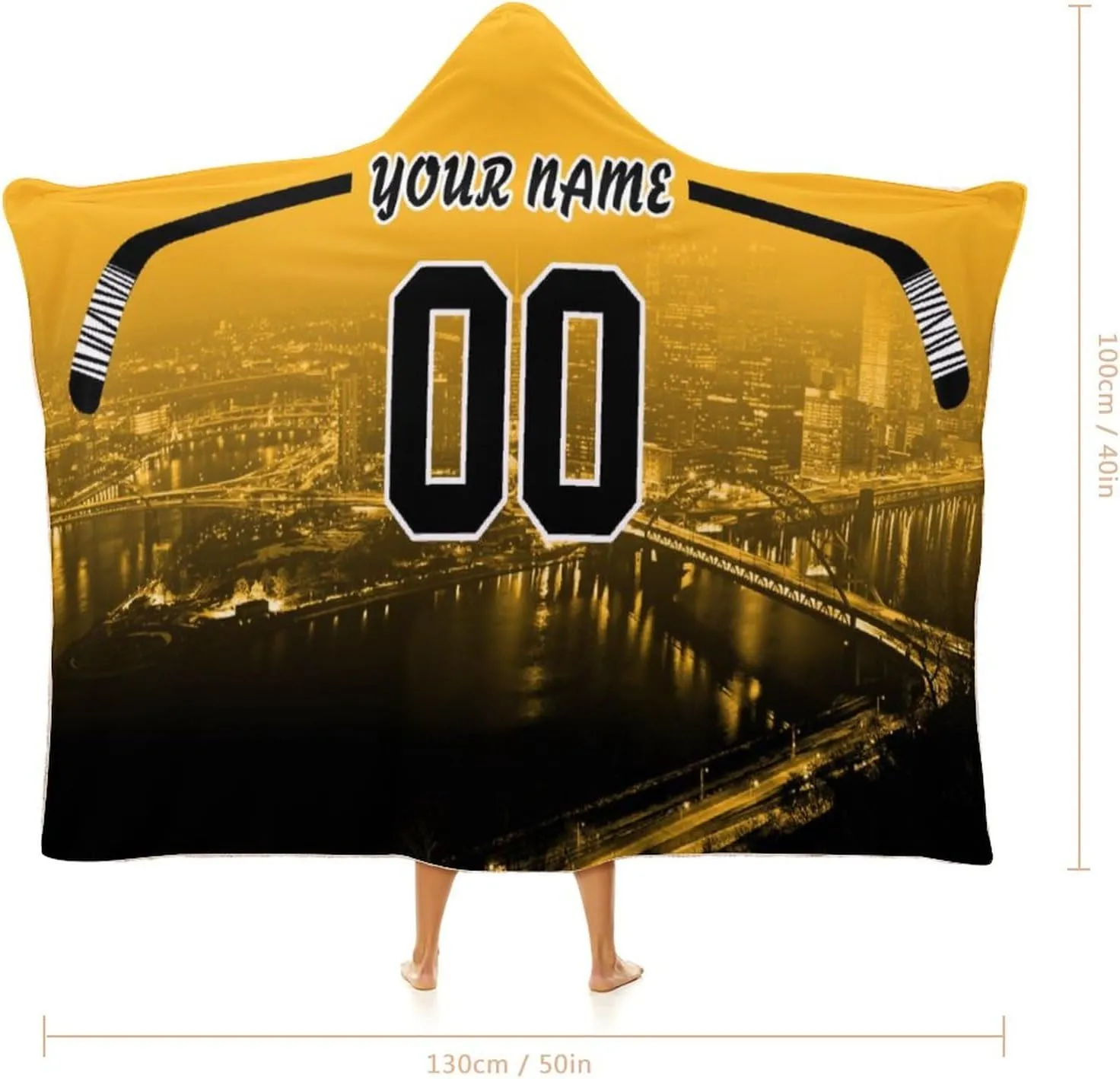 Custom Hockey City Night Skyline Hooded Blankets Personalized with Name Wearable Flannel Blankets Gifts 50" x 40",60" x 50",80" x 60"