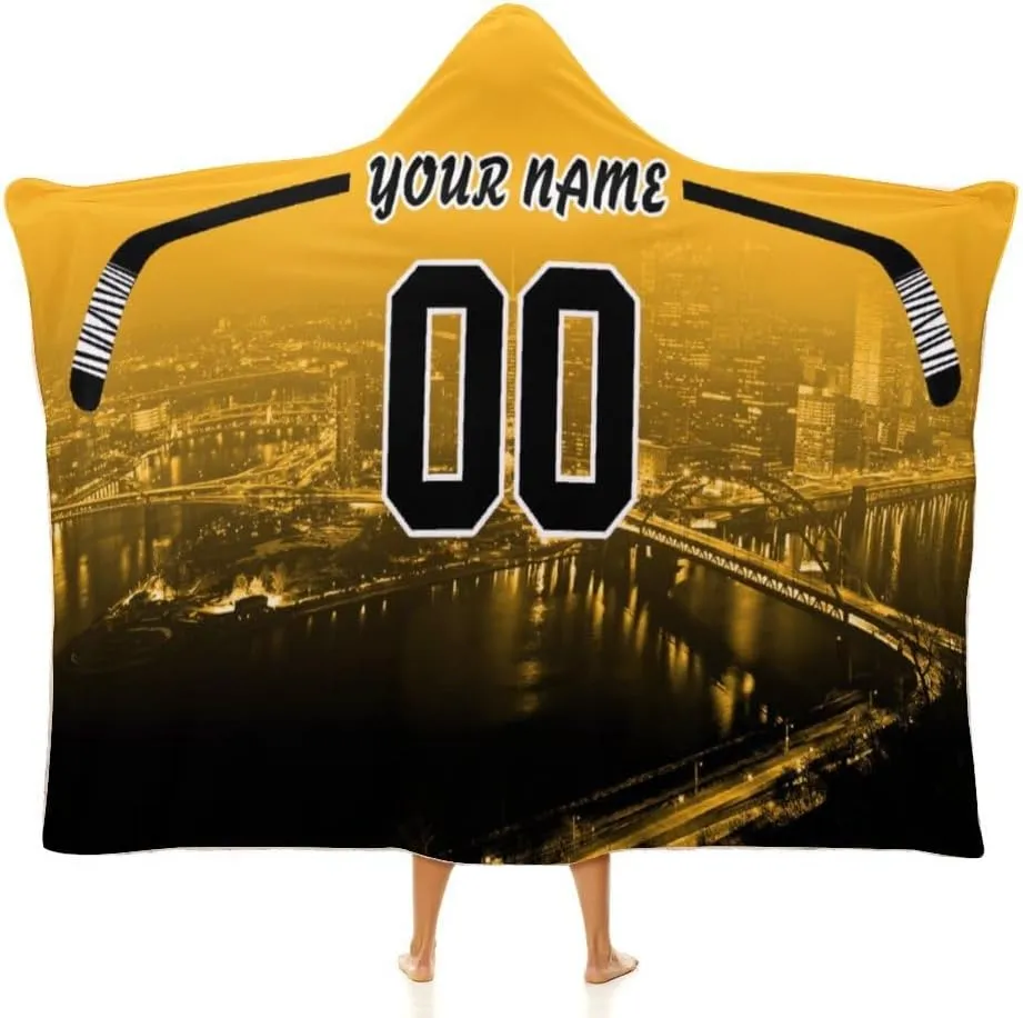 Custom Hockey City Night Skyline Hooded Blankets Personalized with Name Wearable Flannel Blankets Gifts 50" x 40",60" x 50",80" x 60"