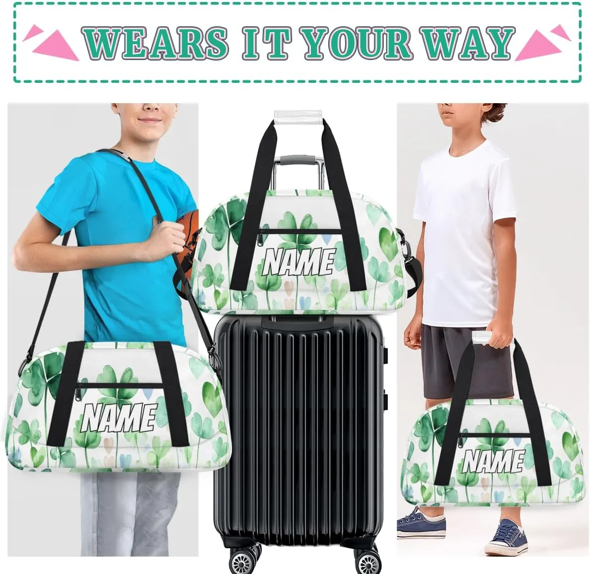 Custom Shamrock Leaves Sports Gym Bag Personalized Watercolor Green Name Travel Duffel Bag Customized Weekender Overnight Bags for Women Men