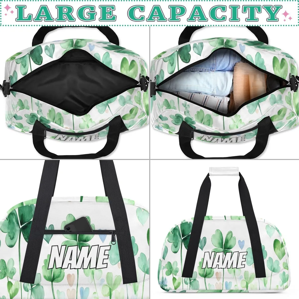 Custom Shamrock Leaves Sports Gym Bag Personalized Watercolor Green Name Travel Duffel Bag Customized Weekender Overnight Bags for Women Men