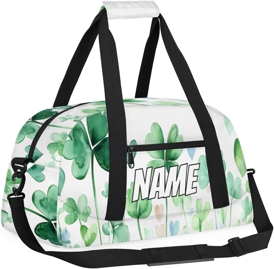 Custom Shamrock Leaves Sports Gym Bag Personalized Watercolor Green Name Travel Duffel Bag Customized Weekender Overnight Bags for Women Men