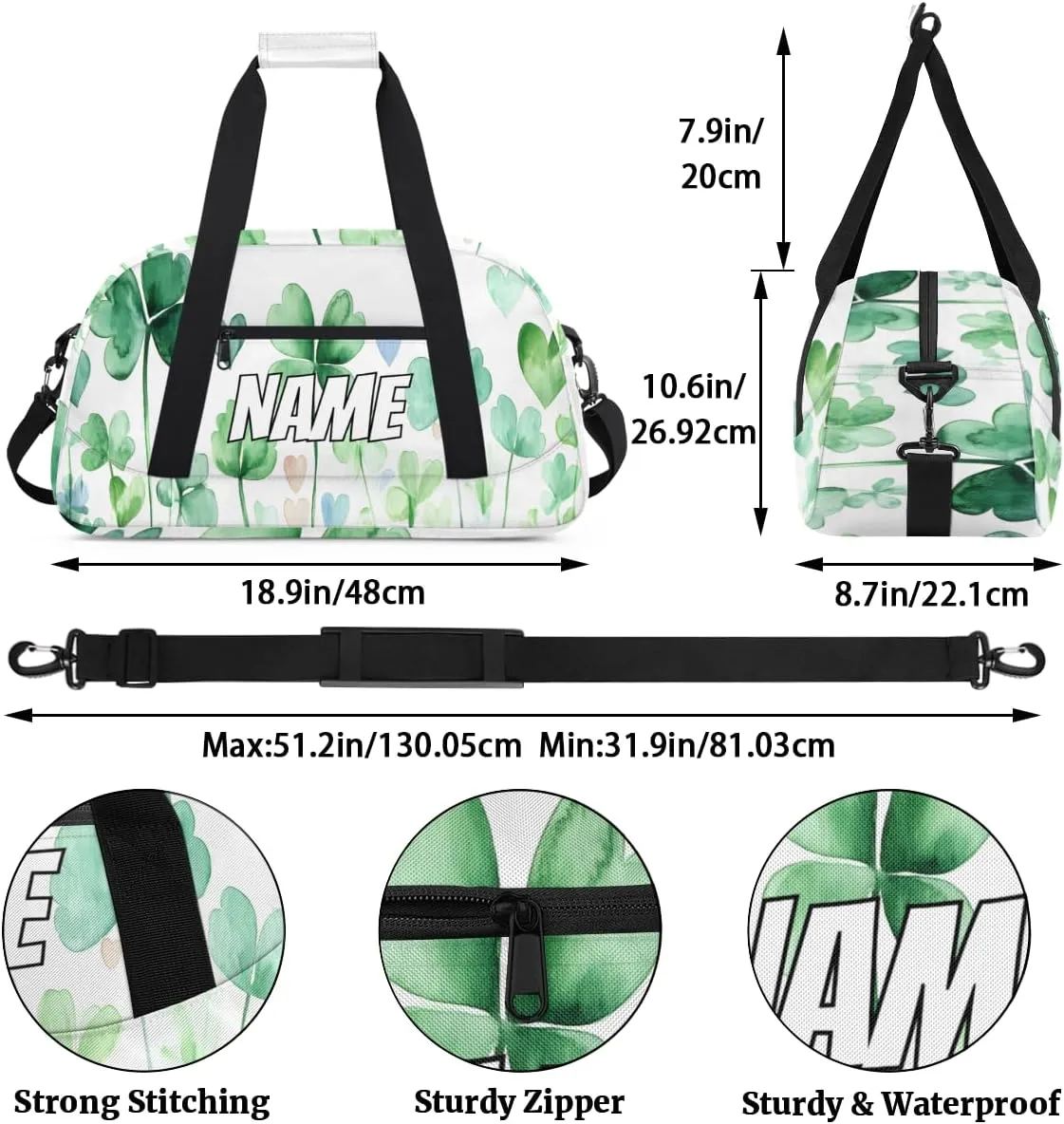 Custom Shamrock Leaves Sports Gym Bag Personalized Watercolor Green Name Travel Duffel Bag Customized Weekender Overnight Bags for Women Men