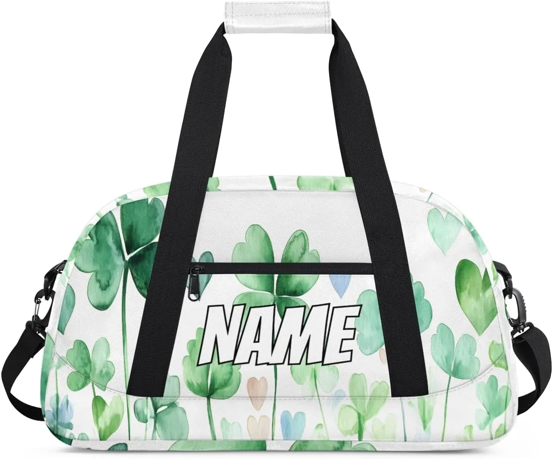 Custom Shamrock Leaves Sports Gym Bag Personalized Watercolor Green Name Travel Duffel Bag Customized Weekender Overnight Bags for Women Men