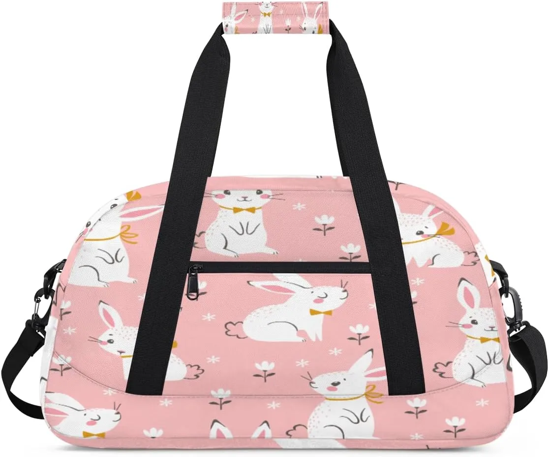 Cute Bunny Gym Duffel Bag for Men Women Flower Sports Tote Bag with Adjustable Shoulder Strap for Dance Gymnastics Traveling Outdoor Camping Overnight Stay
