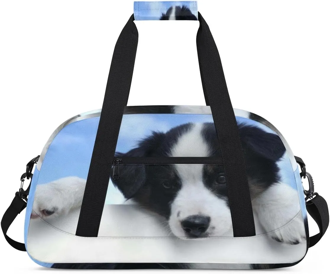 Cute Dog Gym Duffel Bag for Men Women Blue Sky Sports Tote Bag with Adjustable Shoulder Strap for Dance Gymnastics Traveling Outdoor Camping Overnight Stay