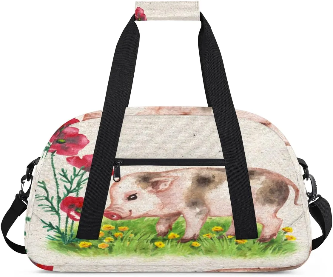Cute Piggy Gym Duffel Bag for Men Women Poppy Sports Tote Bag with Adjustable Shoulder Strap for Dance Gymnastics Traveling Outdoor Camping Overnight Stay