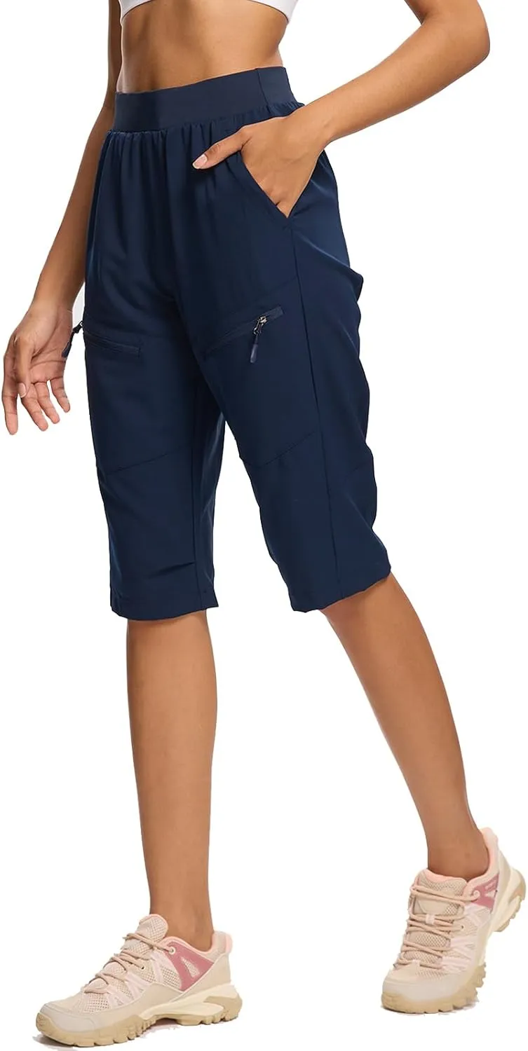 DEVOROPA Womens Hiking Shorts Below The Knee Quick Dry Lightweight Cargo Capris Bermuda Shorts Zip Pockets for Travel Casual