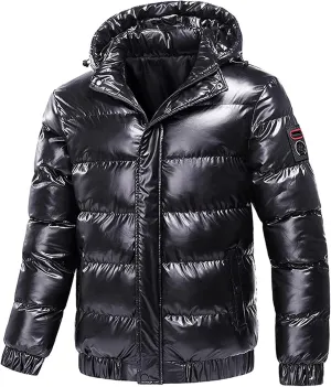 Dgoopd Puffer Jacket Men Shiny Hooded Reflective Down Jacket Padded Jacket Packable Lightweight Water-Resistant Puffer Jacket Black
