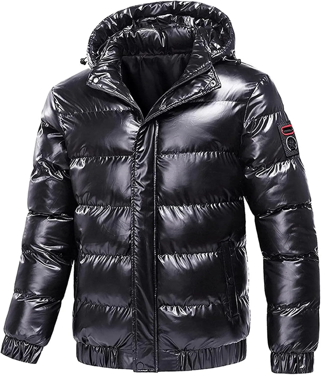 Dgoopd Puffer Jacket Men Shiny Hooded Reflective Down Jacket Padded Jacket Packable Lightweight Water-Resistant Puffer Jacket Black
