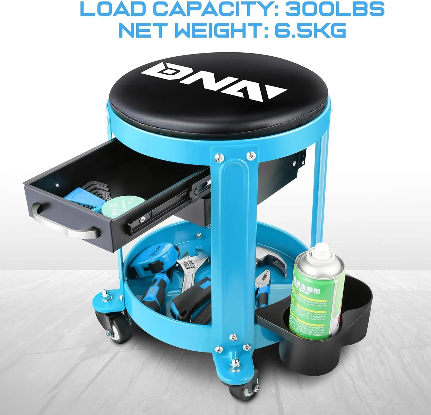 DNA MOTORING Round Mechanics Roller Seat Creeper Stool with Padded Cushion, Tool Storage Drawer & Tray, 300 Lbs Max Weight Capacity, Blue, TOOLS-00492