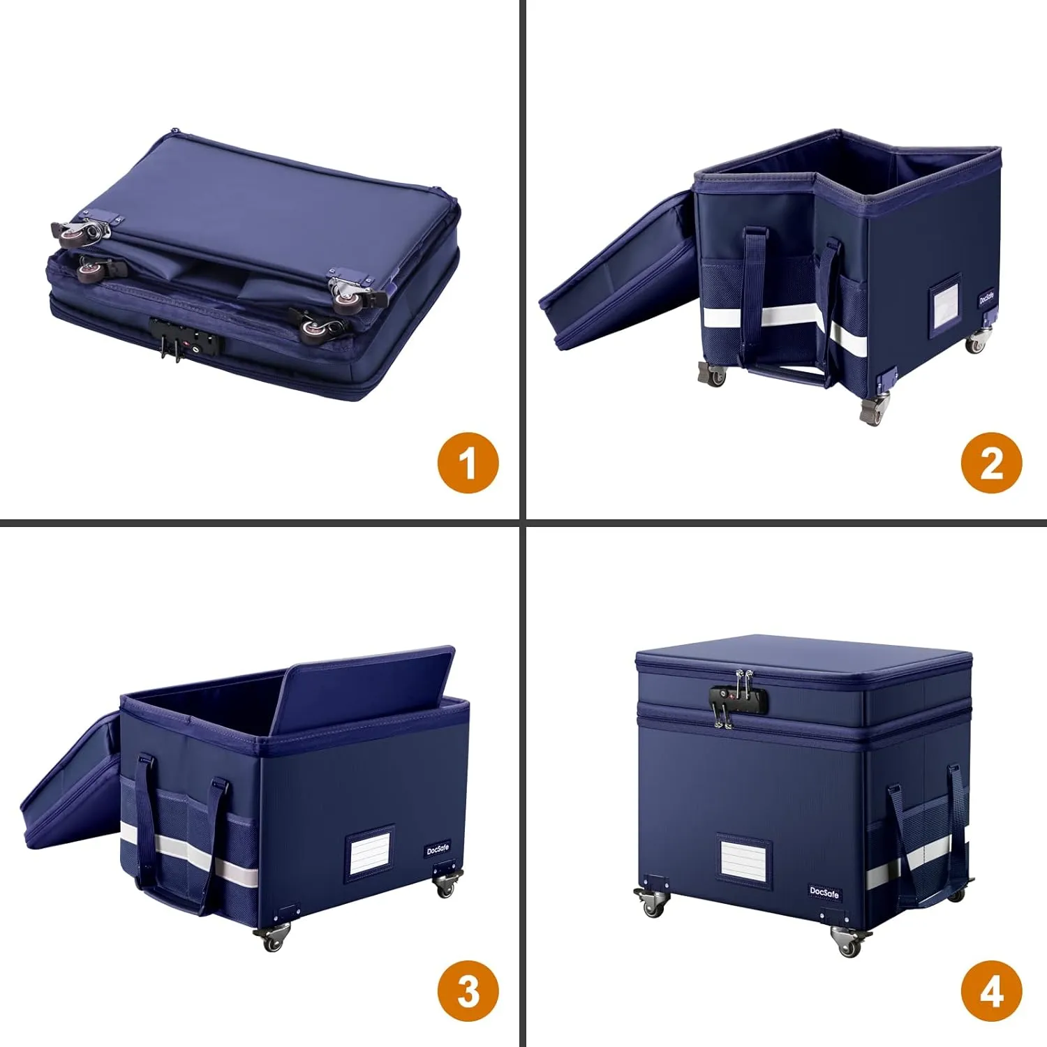 DocSafe File Box with Lock, 2-Layer Fireproof Document Box with Wheels,Collapsible File Storage Organizer with Pockets,Large Portable Office Filing Cabinet Hanging Folders,Blue,16''x13.8''x12.2''