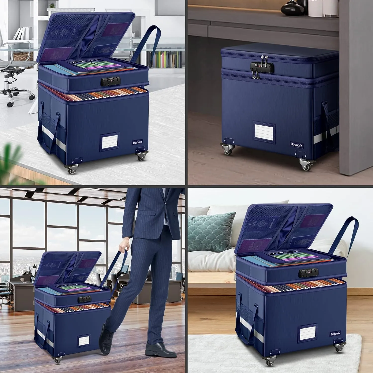 DocSafe File Box with Lock, 2-Layer Fireproof Document Box with Wheels,Collapsible File Storage Organizer with Pockets,Large Portable Office Filing Cabinet Hanging Folders,Blue,16''x13.8''x12.2''