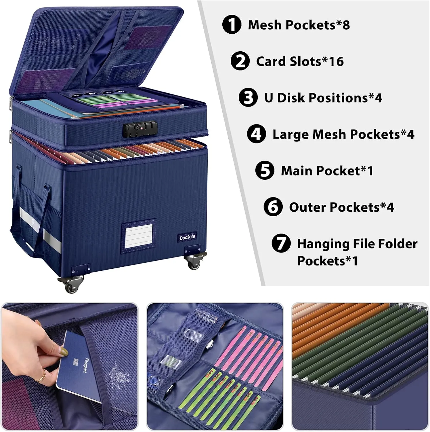DocSafe File Box with Lock, 2-Layer Fireproof Document Box with Wheels,Collapsible File Storage Organizer with Pockets,Large Portable Office Filing Cabinet Hanging Folders,Blue,16''x13.8''x12.2''