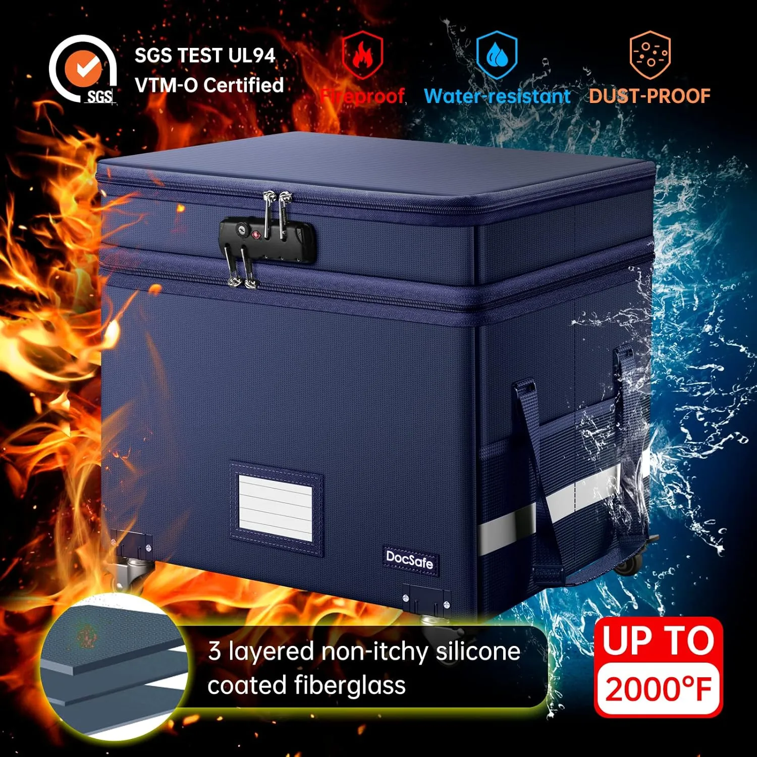 DocSafe File Box with Lock, 2-Layer Fireproof Document Box with Wheels,Collapsible File Storage Organizer with Pockets,Large Portable Office Filing Cabinet Hanging Folders,Blue,16''x13.8''x12.2''