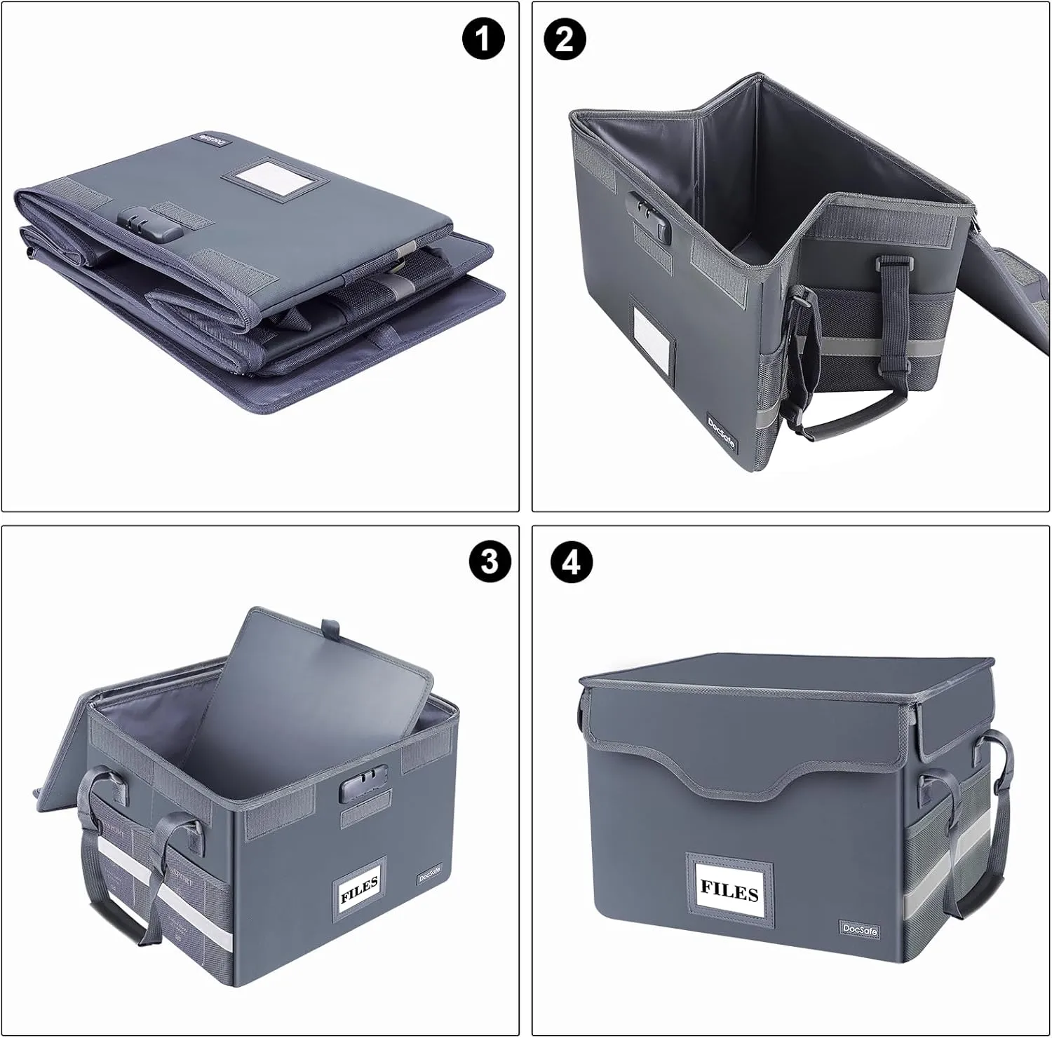 DocSafe Fireproof Document Box with Lock,File Storage Organizer with Zipper Pockets,Collapsible Portable File Box Home Office Safe Filing Cabinet with Handle for Hanging Letter/Legal Folders,Gray