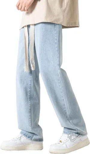 DOSLAVIDA Men's Straight Leg Jeans Relaxed Fit Baggy Jean Hip Hop Loose Fit Carpenter Denim Pants with Drawstring