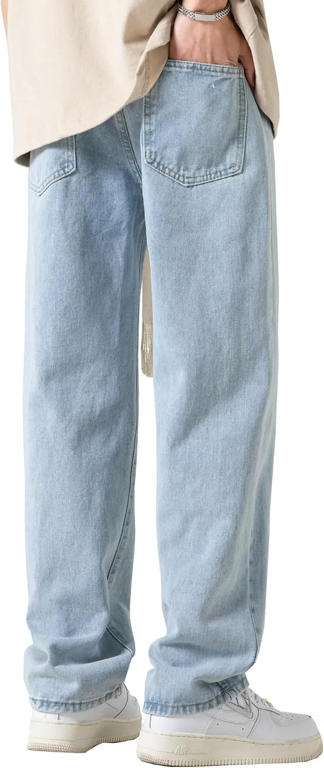 DOSLAVIDA Men's Straight Leg Jeans Relaxed Fit Baggy Jean Hip Hop Loose Fit Carpenter Denim Pants with Drawstring