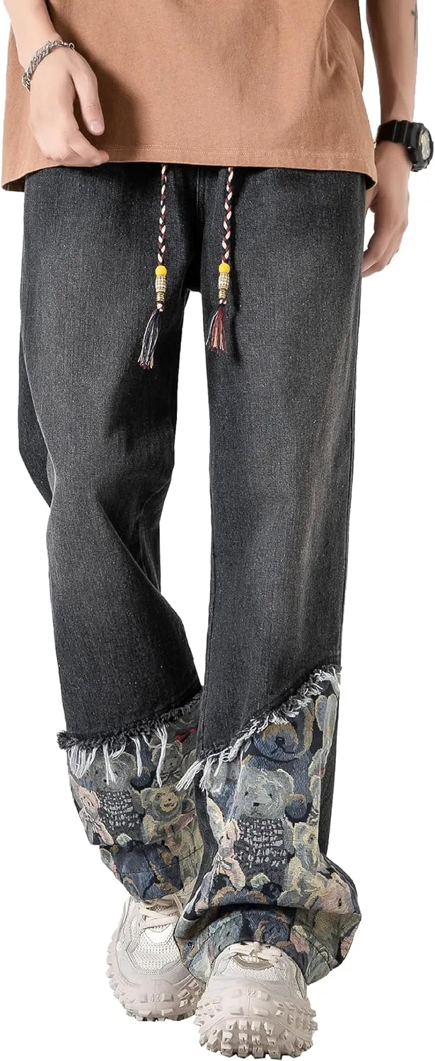 DOSLAVIDA Men's Straight Leg Jeans Relaxed Fit Baggy Jean Hip Hop Loose Fit Carpenter Denim Pants with Drawstring