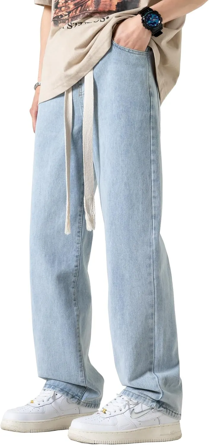 DOSLAVIDA Men's Straight Leg Jeans Relaxed Fit Baggy Jean Hip Hop Loose Fit Carpenter Denim Pants with Drawstring