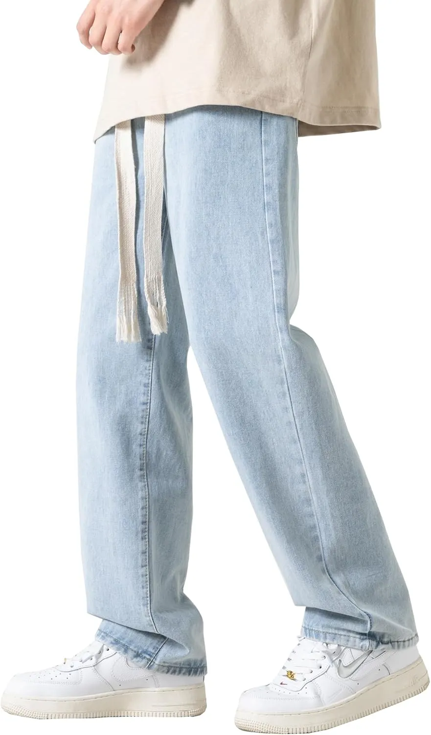 DOSLAVIDA Men's Straight Leg Jeans Relaxed Fit Baggy Jean Hip Hop Loose Fit Carpenter Denim Pants with Drawstring