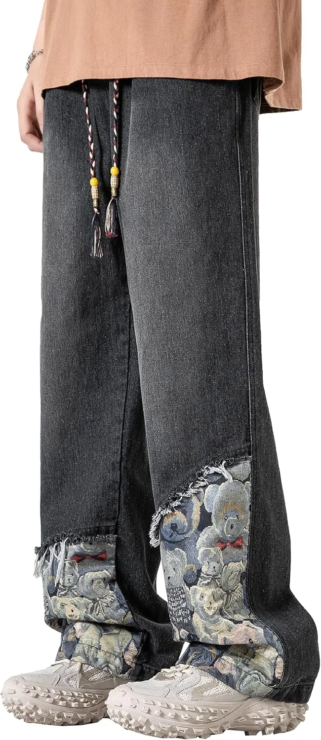 DOSLAVIDA Men's Straight Leg Jeans Relaxed Fit Baggy Jean Hip Hop Loose Fit Carpenter Denim Pants with Drawstring