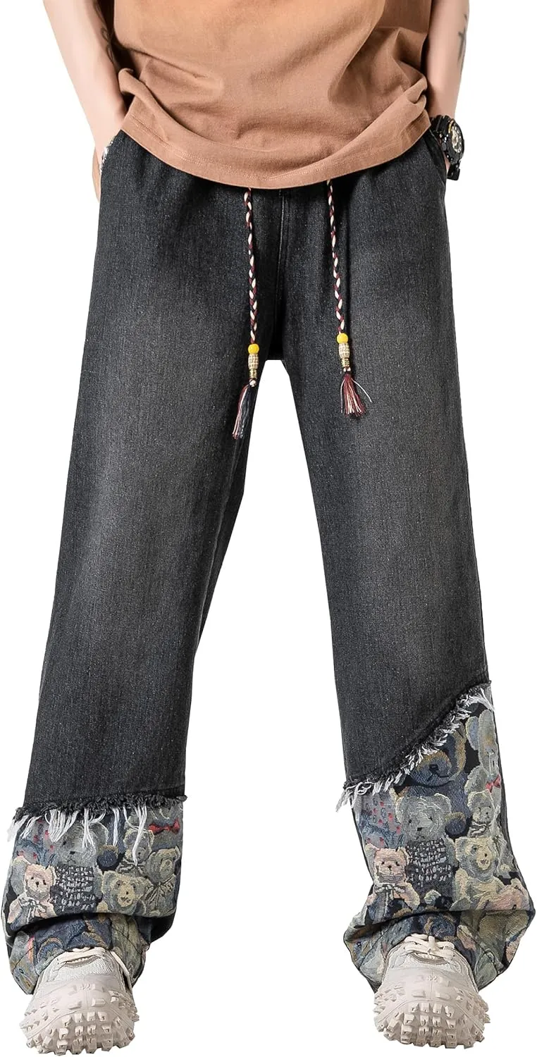 DOSLAVIDA Men's Straight Leg Jeans Relaxed Fit Baggy Jean Hip Hop Loose Fit Carpenter Denim Pants with Drawstring