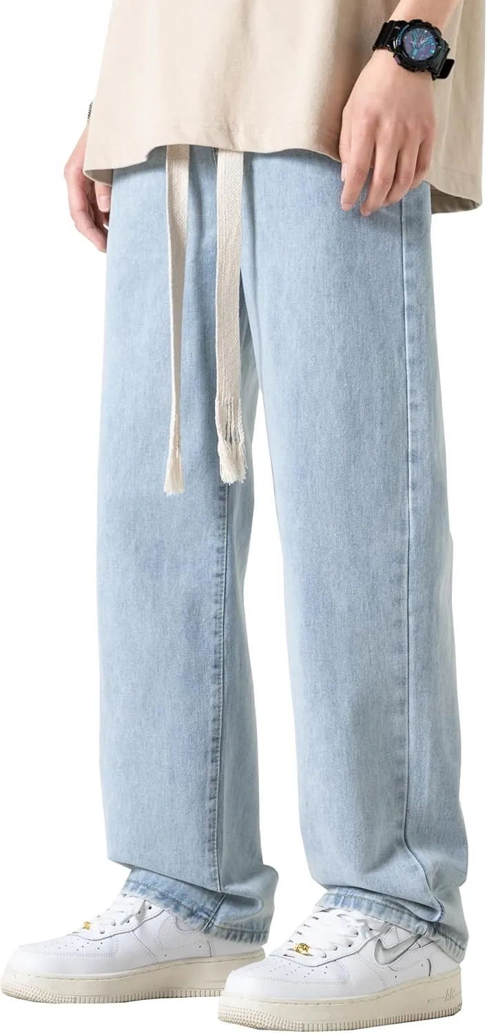 DOSLAVIDA Men's Straight Leg Jeans Relaxed Fit Baggy Jean Hip Hop Loose Fit Carpenter Denim Pants with Drawstring