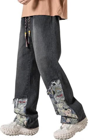 DOSLAVIDA Men's Straight Leg Jeans Relaxed Fit Baggy Jean Hip Hop Loose Fit Carpenter Denim Pants with Drawstring