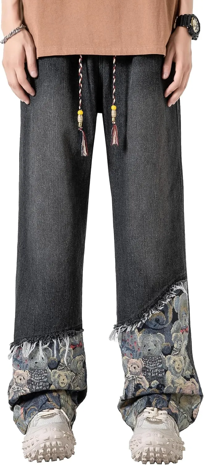 DOSLAVIDA Men's Straight Leg Jeans Relaxed Fit Baggy Jean Hip Hop Loose Fit Carpenter Denim Pants with Drawstring