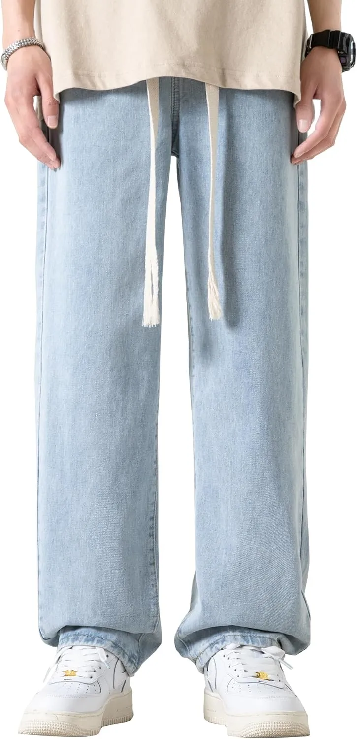 DOSLAVIDA Men's Straight Leg Jeans Relaxed Fit Baggy Jean Hip Hop Loose Fit Carpenter Denim Pants with Drawstring