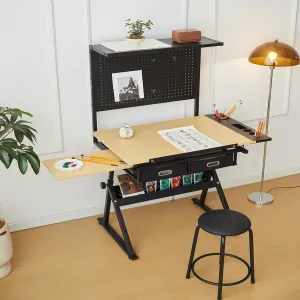 Drawing Table, Drawing Table with Metal Perforated Panel, Drawing Table with Stool and Tiltable Top, 2 Storage Drawers, Draft Desk for Reading, Drawing, Home and Office Use