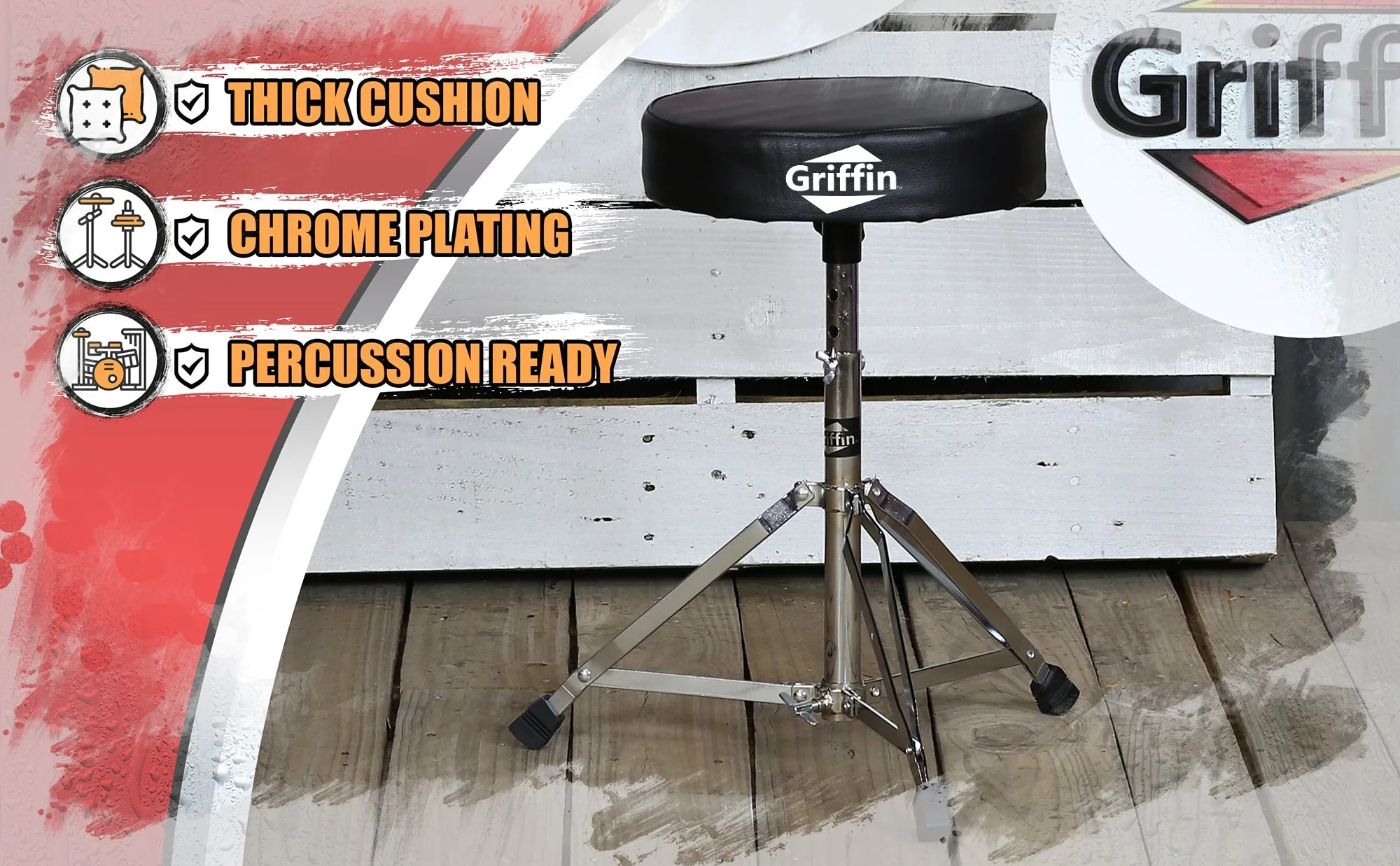 Drum Throne Stand | Padded Drummers Seat | Comfortable Drum Set Percussion Chair for Adults | Professional Musicians Guitar Stool Double Braced Hardware for Practice with Adjustable Height