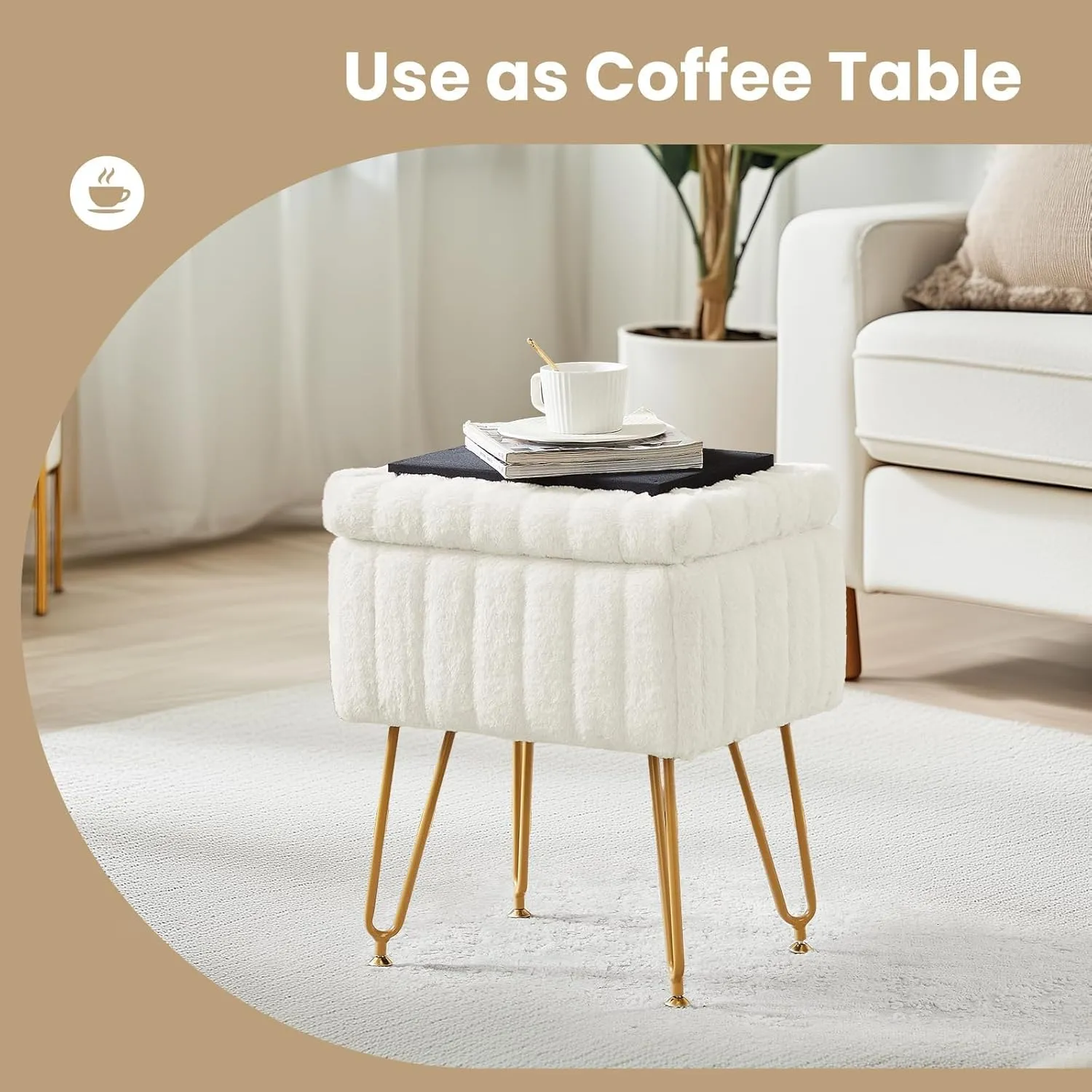DUMOS Vanity Stool Chair with Storage, Faux Fur Ottoman Soft with 4 Metal Legs Adjustable Feet Cute Thick Padded Comfy Makeup Dressing Seat Footstool Bench for Bedroom, Livingroom, Home, Office