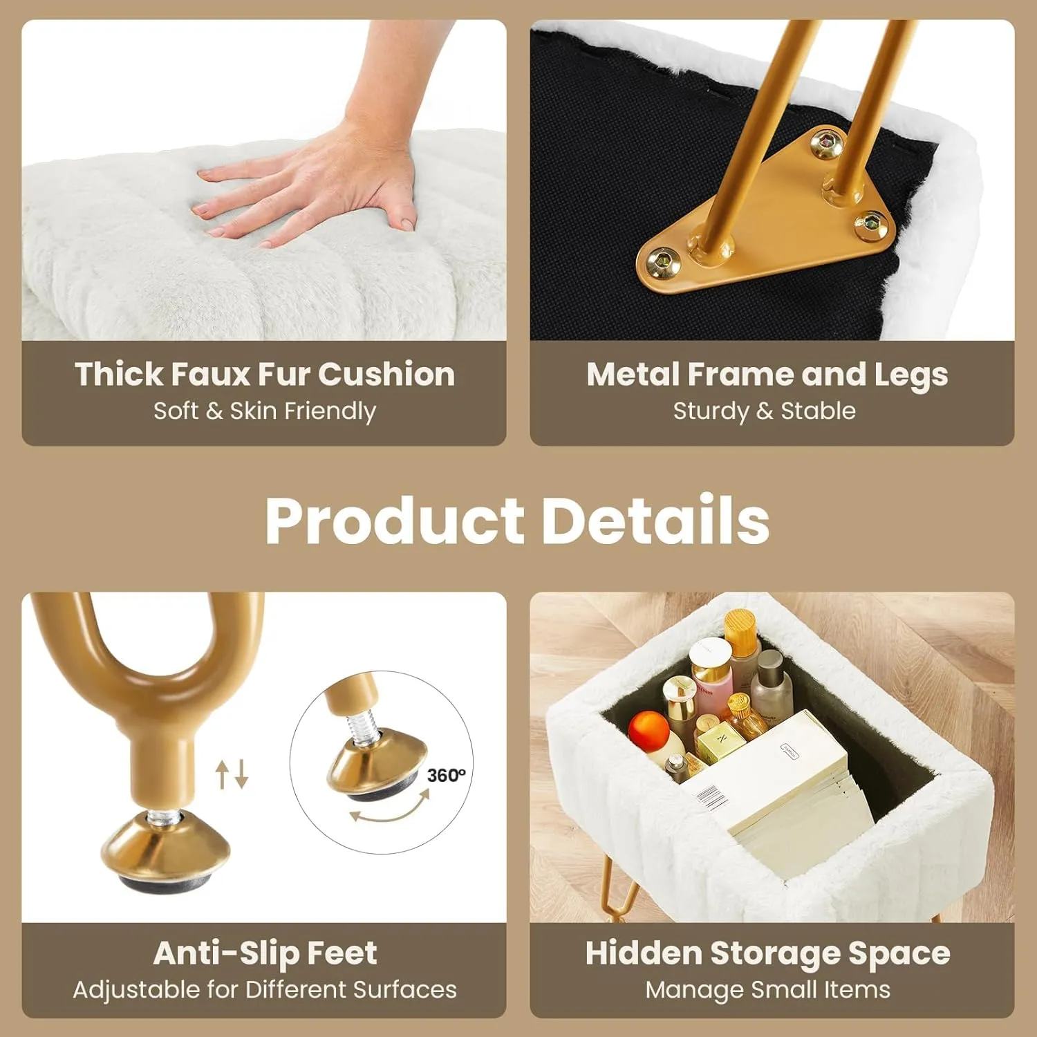 DUMOS Vanity Stool Chair with Storage, Faux Fur Ottoman Soft with 4 Metal Legs Adjustable Feet Cute Thick Padded Comfy Makeup Dressing Seat Footstool Bench for Bedroom, Livingroom, Home, Office