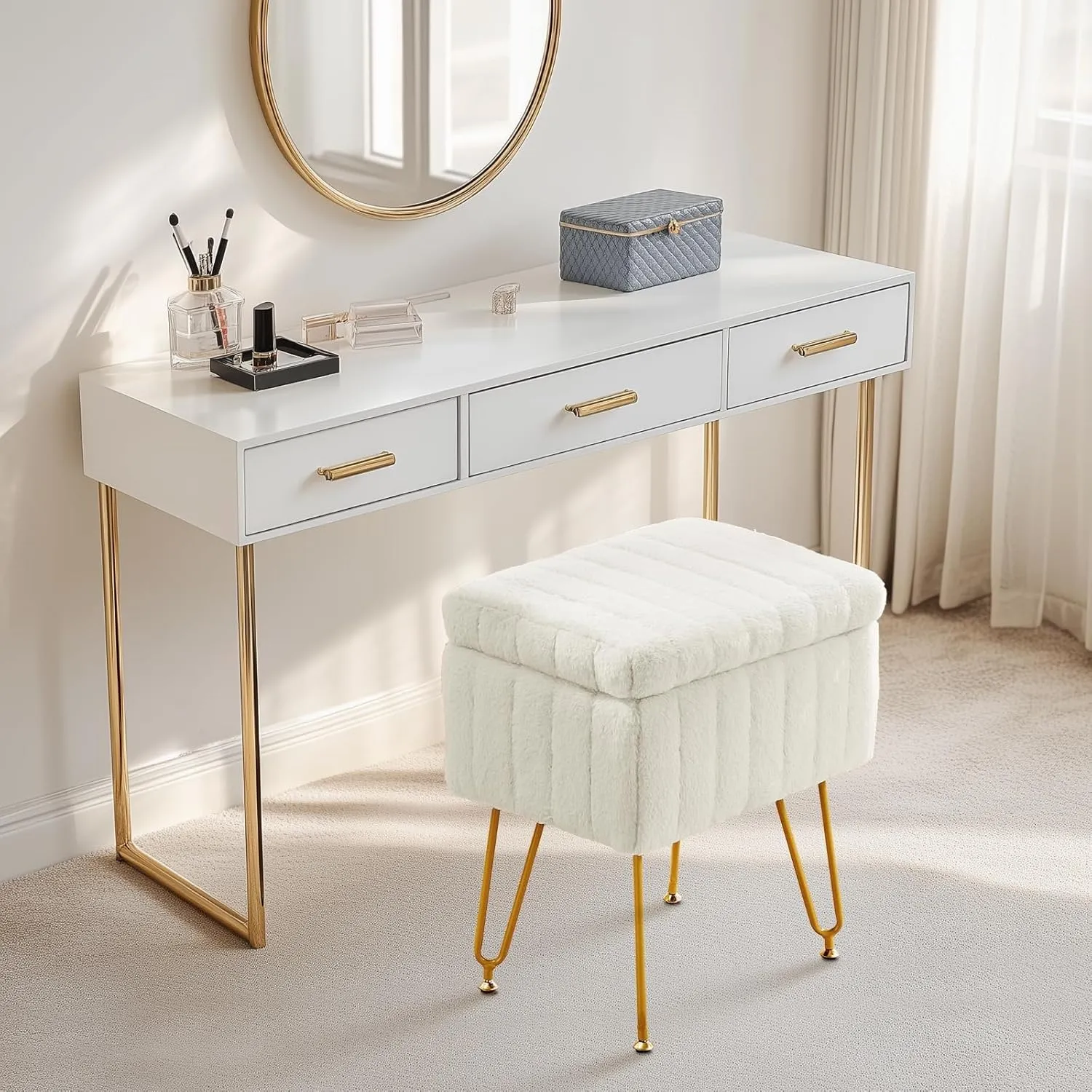 DUMOS Vanity Stool Chair with Storage, Faux Fur Ottoman Soft with 4 Metal Legs Adjustable Feet Cute Thick Padded Comfy Makeup Dressing Seat Footstool Bench for Bedroom, Livingroom, Home, Office