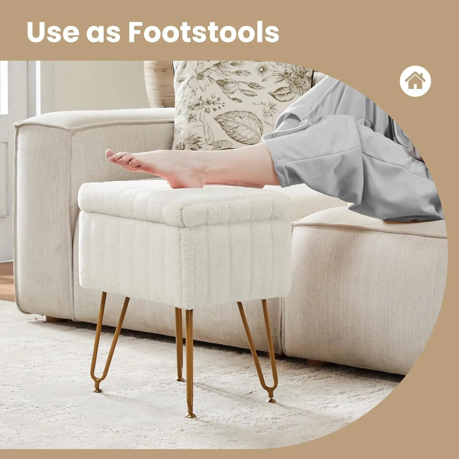 DUMOS Vanity Stool Chair with Storage, Faux Fur Ottoman Soft with 4 Metal Legs Adjustable Feet Cute Thick Padded Comfy Makeup Dressing Seat Footstool Bench for Bedroom, Livingroom, Home, Office