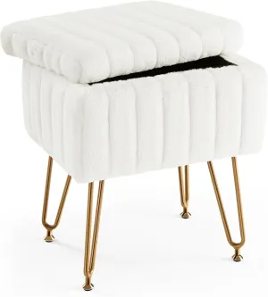 DUMOS Vanity Stool Chair with Storage, Faux Fur Ottoman Soft with 4 Metal Legs Adjustable Feet Cute Thick Padded Comfy Makeup Dressing Seat Footstool Bench for Bedroom, Livingroom, Home, Office