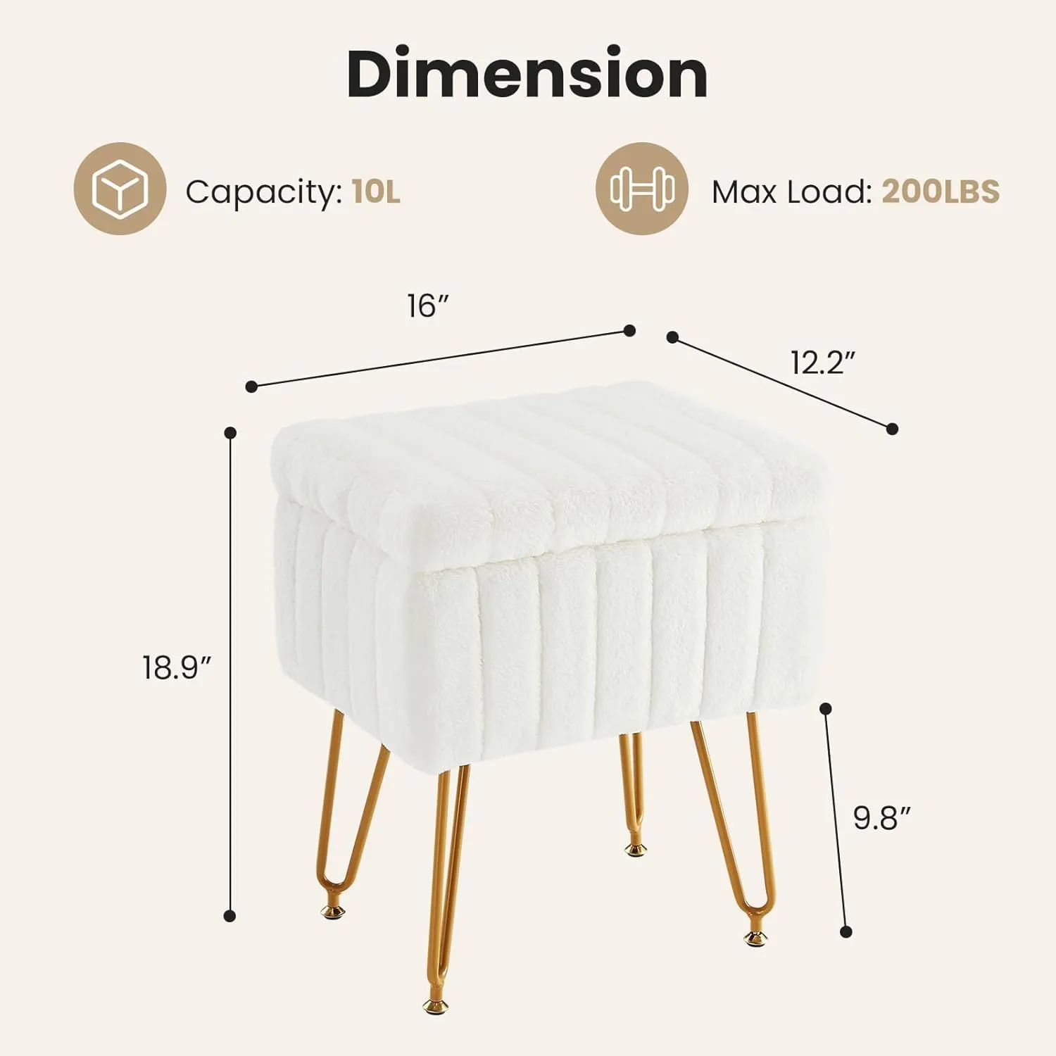 DUMOS Vanity Stool Chair with Storage, Faux Fur Ottoman Soft with 4 Metal Legs Adjustable Feet Cute Thick Padded Comfy Makeup Dressing Seat Footstool Bench for Bedroom, Livingroom, Home, Office