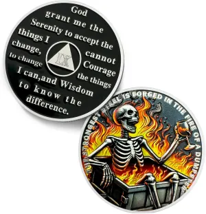 Dumpster Fire Skull 9 Year Sobriety Coin - The Strongest Steel is Forged AA Coins - Recovery Addiction NA AA Chips and Medallions - Celebrate Clean Narcotics Alcoholics Anonymous Gifts for Men Women