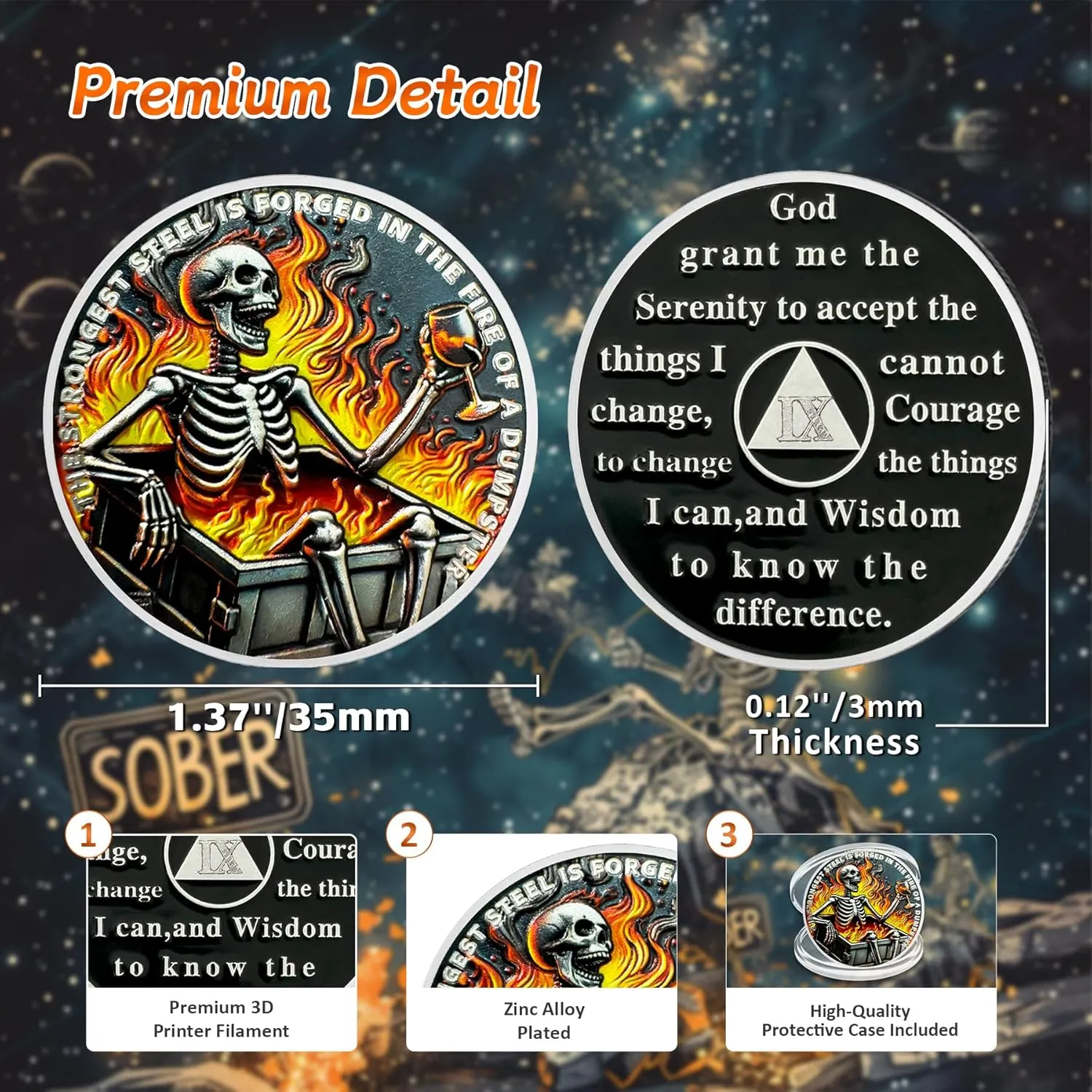 Dumpster Fire Skull 9 Year Sobriety Coin - The Strongest Steel is Forged AA Coins - Recovery Addiction NA AA Chips and Medallions - Celebrate Clean Narcotics Alcoholics Anonymous Gifts for Men Women