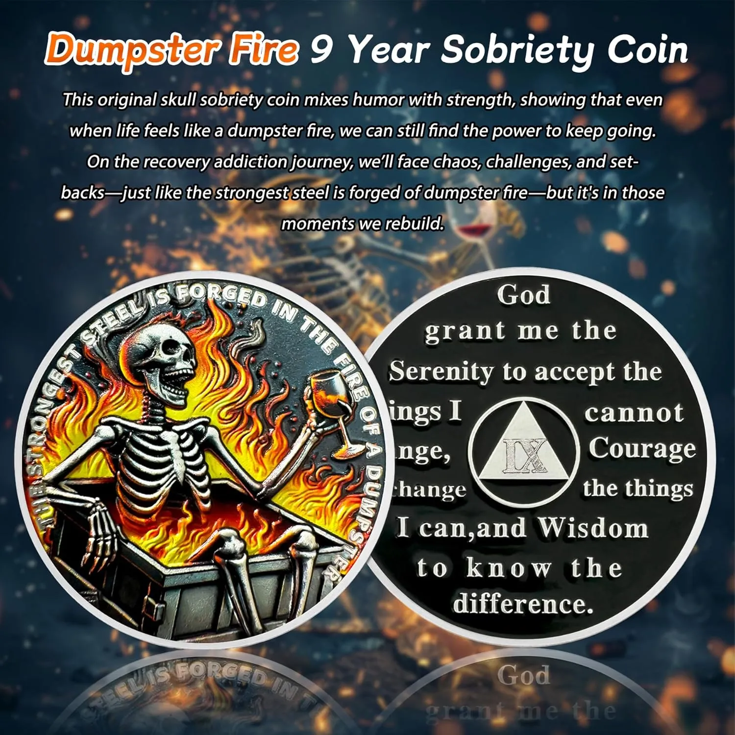 Dumpster Fire Skull 9 Year Sobriety Coin - The Strongest Steel is Forged AA Coins - Recovery Addiction NA AA Chips and Medallions - Celebrate Clean Narcotics Alcoholics Anonymous Gifts for Men Women