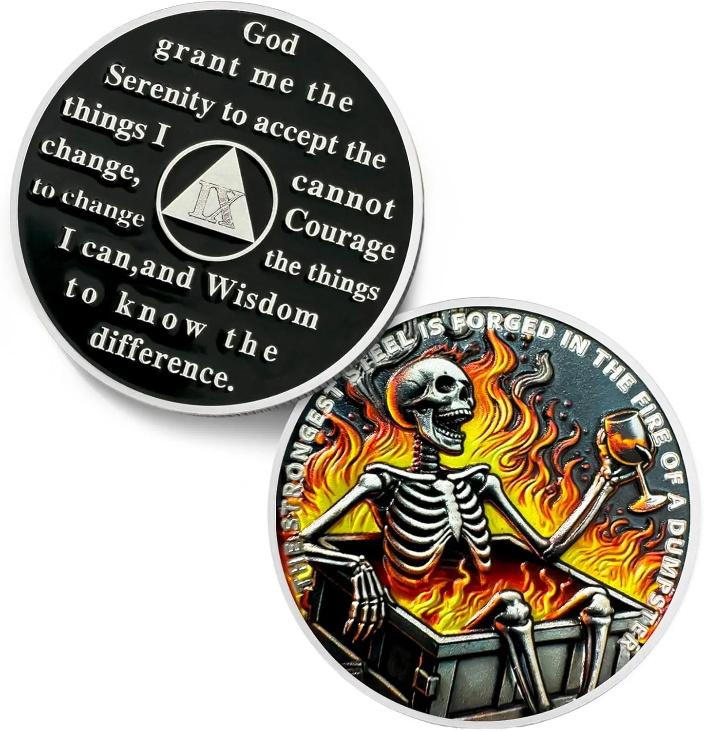 Dumpster Fire Skull 9 Year Sobriety Coin - The Strongest Steel is Forged AA Coins - Recovery Addiction NA AA Chips and Medallions - Celebrate Clean Narcotics Alcoholics Anonymous Gifts for Men Women