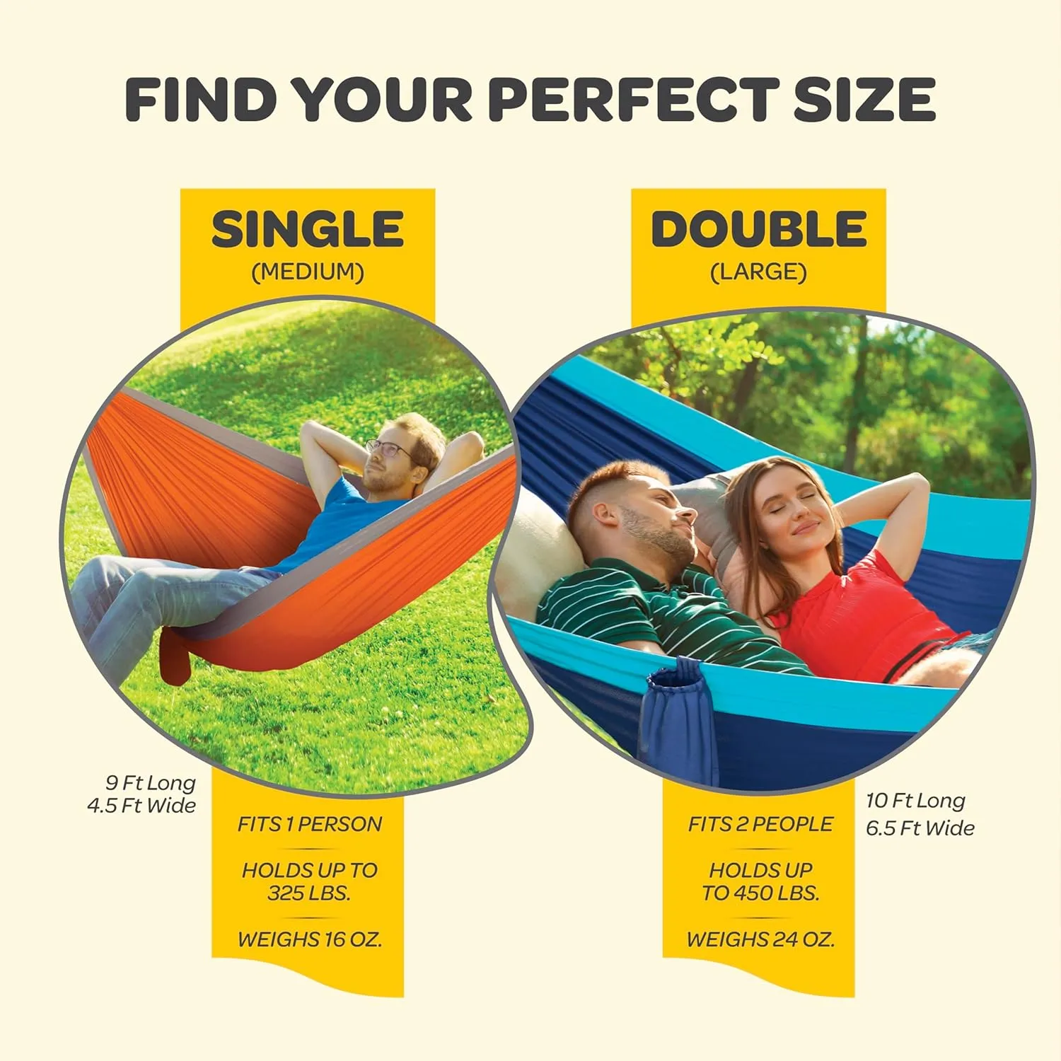 Durable Hammock 500 lb Capacity, Nylon Camping Hammock Chair - Double or Single Sizes w/Tree Straps and Attached Carry Bag - Portable for Travel/Backpacking/Beach/Backyard (Large, Blue & Light Blue)