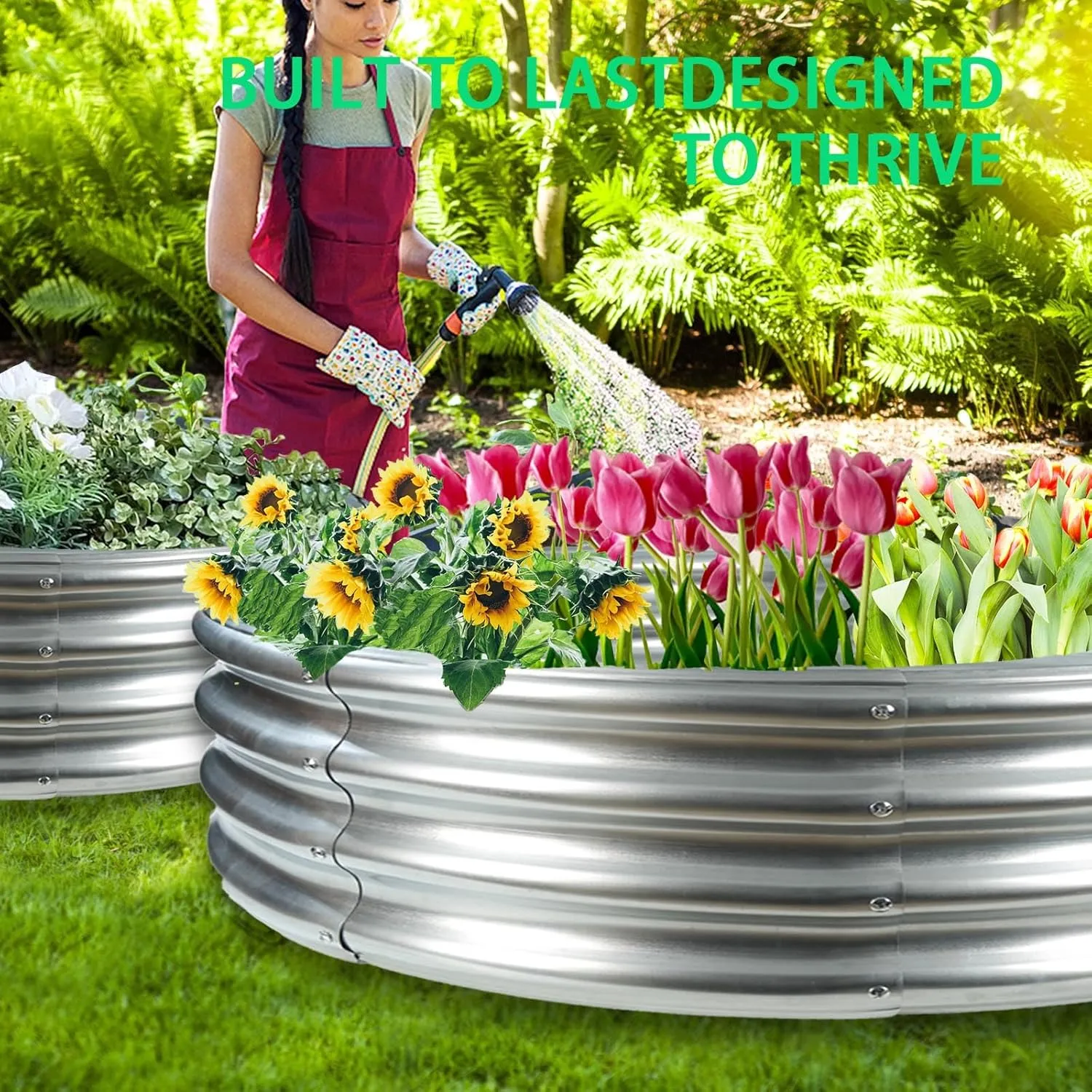 Durable Round Galvanized Steel Raised Garden Bed for Planting,Round Galvanized Steel Fire Ring/Fir Pit for Outdoor- 5×5×1FT,0.8MM Thick (Silver, 60 ins Diameter x 12 ins high)