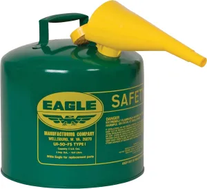 Eagle 5 Gallon Type I Green Safety Gas Can for Oil and Other Combustibles with Flame Arrester, Self-Closing Lid, and F-15 Funnel, Made in the USA, Galvanized Steel Flammable Storage Can, UI50FSG