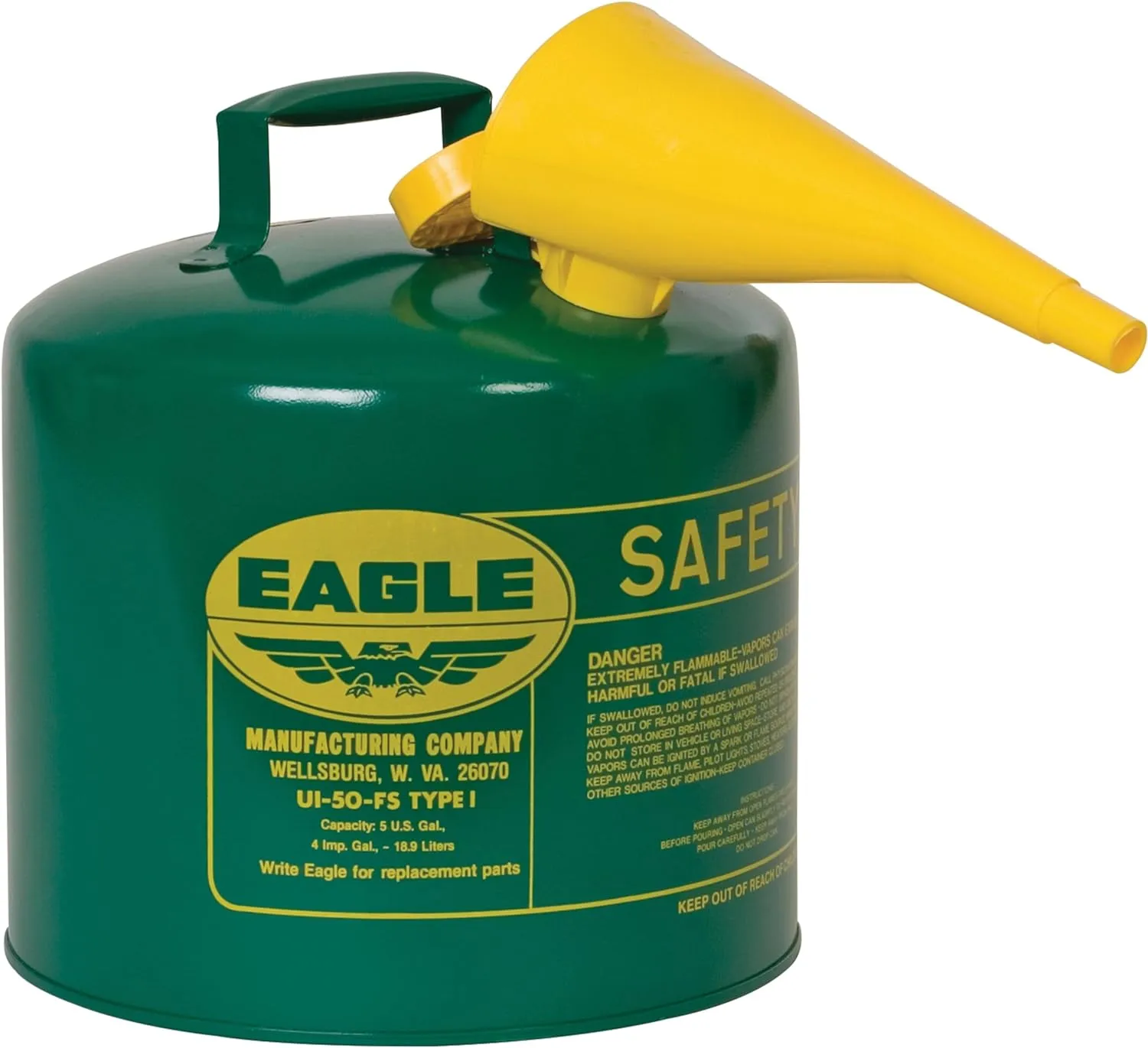 Eagle 5 Gallon Type I Green Safety Gas Can for Oil and Other Combustibles with Flame Arrester, Self-Closing Lid, and F-15 Funnel, Made in the USA, Galvanized Steel Flammable Storage Can, UI50FSG