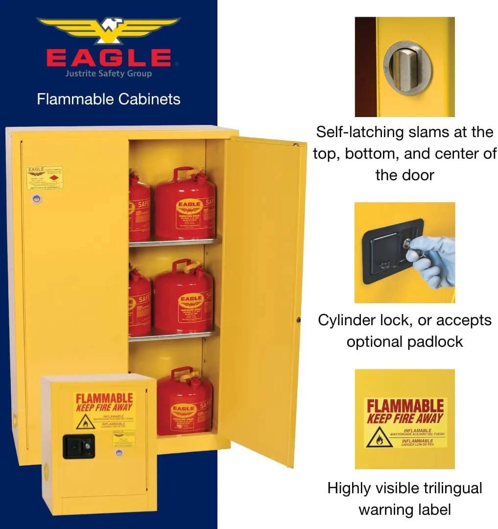 Eagle American Made 16 Gallon F﻿lammable Liquid Storage Cabinet, Self-Close Space Saver Fireproof Cabinet for Schools, Garages, Manufacturing Facilities, 23" x 18" x 44", 1905X