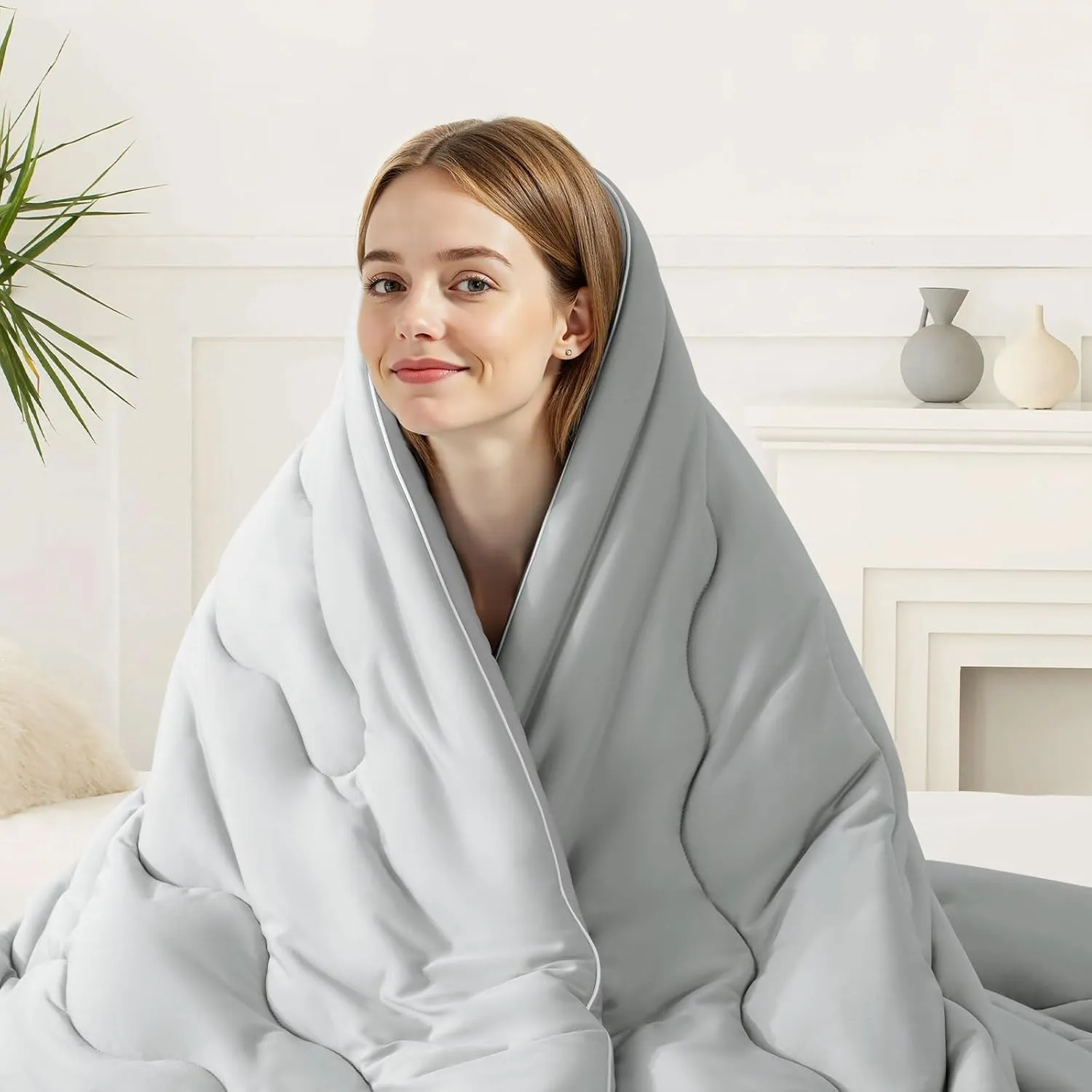 EASELAND All Season Cooling Comforter Queen, Cold Touch Fabric Absorbs Body Heat, 300GSM Super Soft, Cooling Blanket for Night Sweats Hot Sleeper (Gray-All Season, Queen(90"x90"))