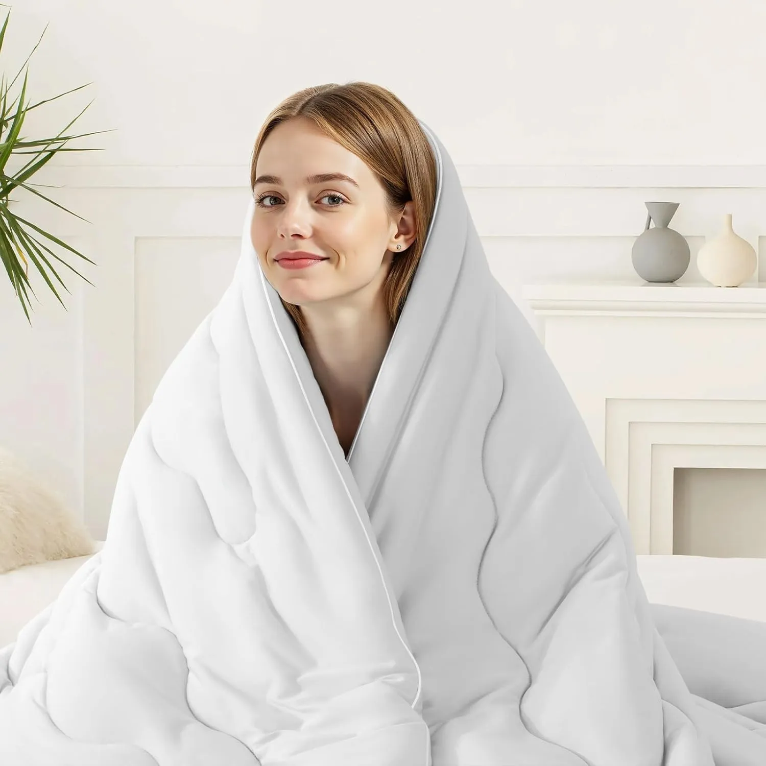 EASELAND All Season Cooling Comforter Queen, Cold Touch Fabric Absorbs Body Heat, 300GSM Super Soft, Cooling Blanket for Night Sweats Hot Sleeper (White-All Season, Queen(90"x90"))